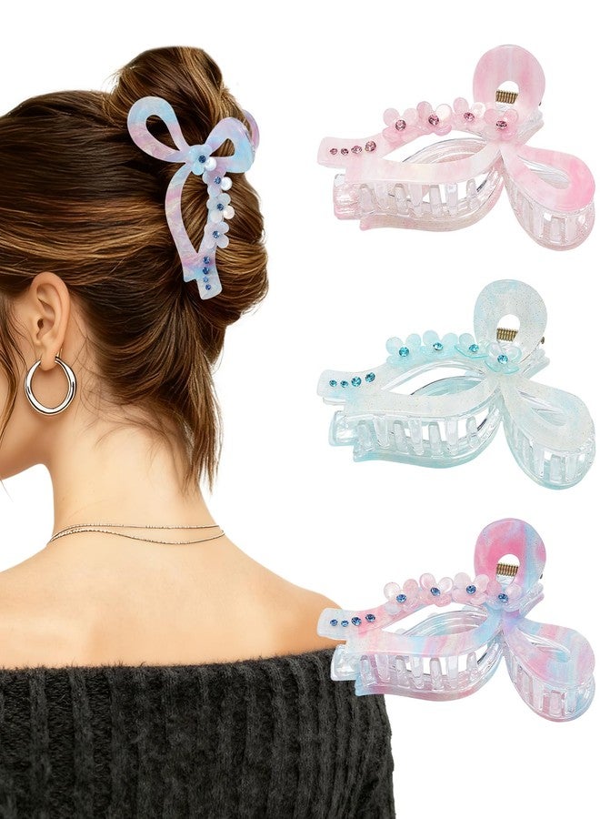 AWAYTR 4.3" Acrylic Bow Hair Clips for Women Cute Bow Claw Clip 3PCS Large Hair Claw Clips for Thick or Long Hair Bows (Pink + Blue) - Image 1